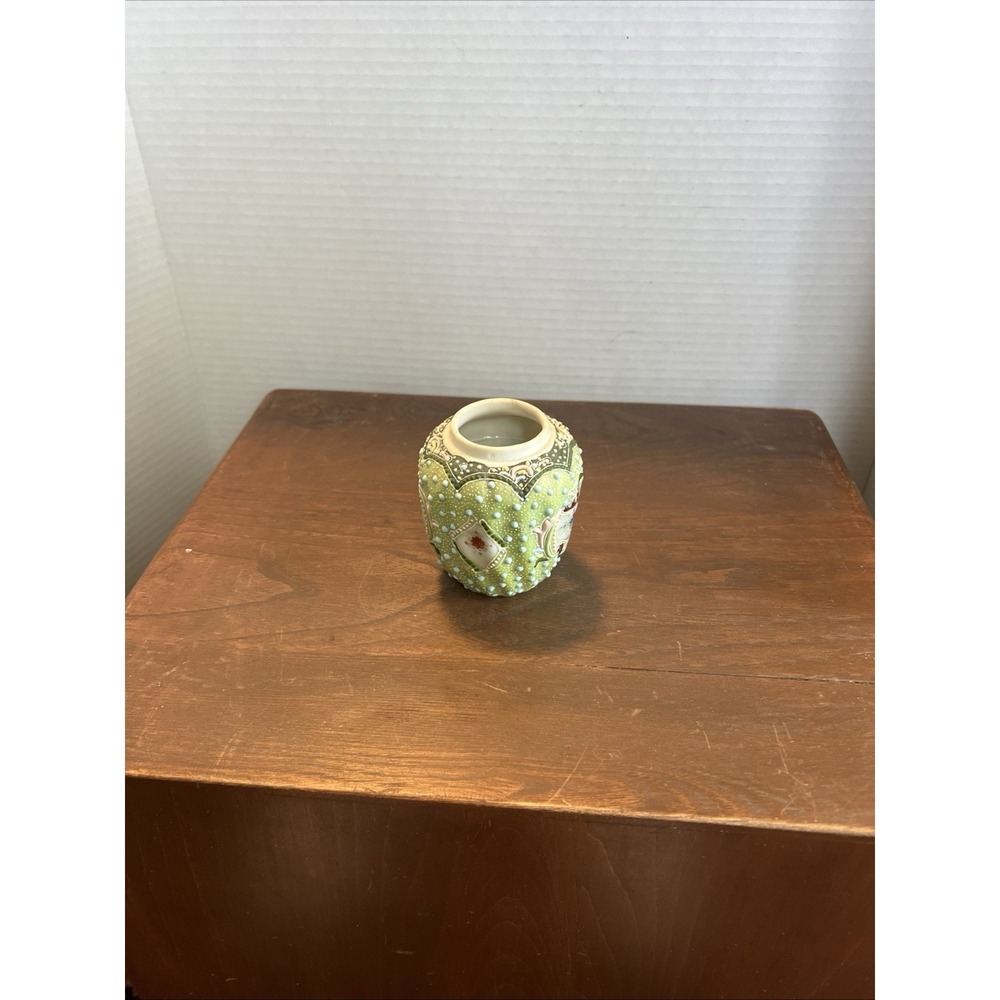 Antique Nippon Moriage Vase Hand Painted Floral Celadon Green Porcelain 3.25"